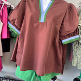 Chic Contrast Collar Top | Brown Green Blue
