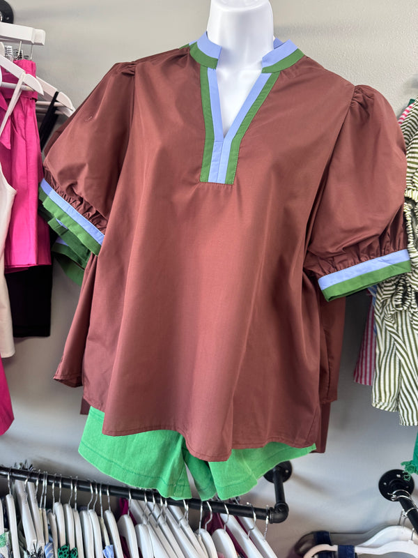 Chic Contrast Collar Top | Brown Green Blue
