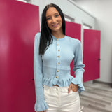 Ruffle Hem Ribbed Knit Sweater Cardigan Baby Blue