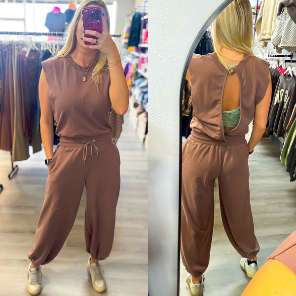 Chocolate Mineral Washed Open Back Jumpsuit