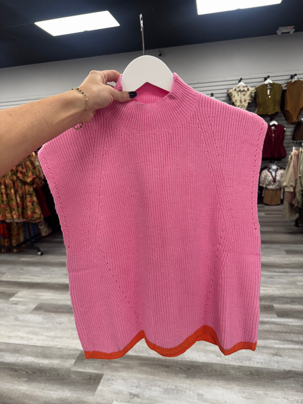 Pink and Orange Scallop Contrast Trim Sweater