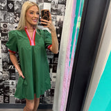 Chic Contrast Collar Dress | Green Rust Pink