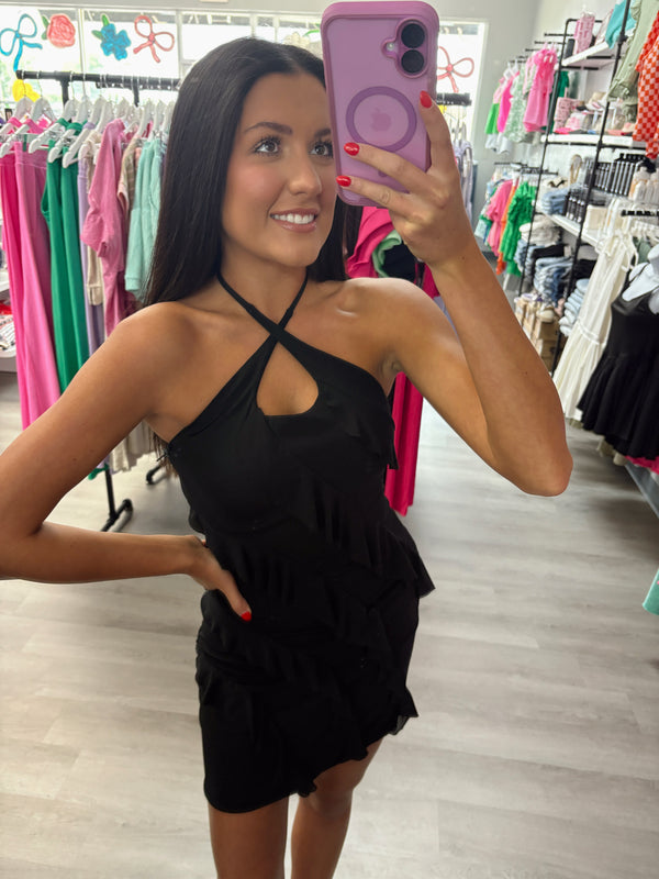 Black Halter Ruffle Mini Dress
