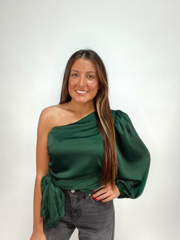 Green One Shoulder Ruched Waist Tie Satin Top