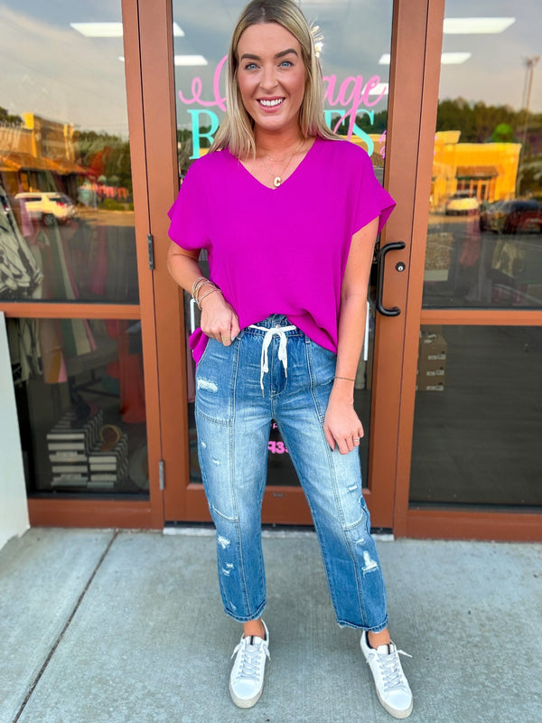 Magenta V Neck Top