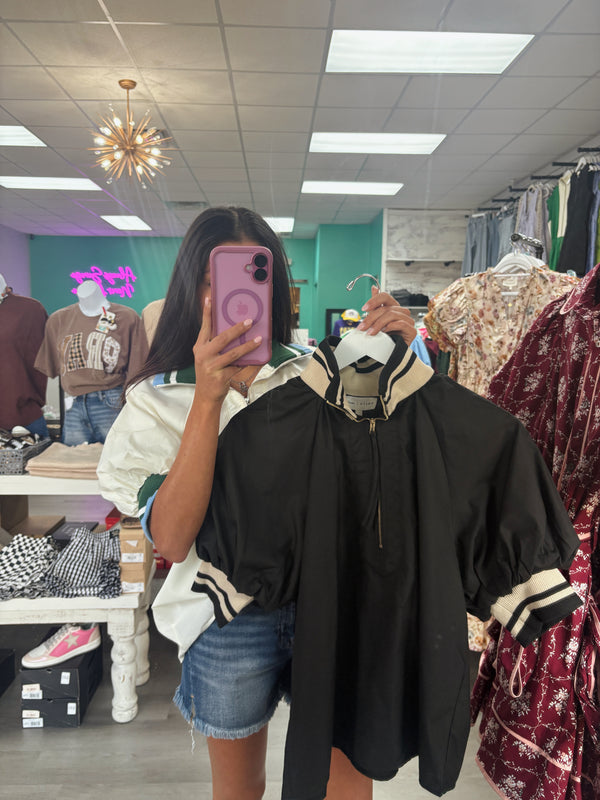 Found My Way Zip Collar Top  | Black and Oatmeal