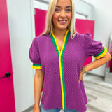Mardi Gras Woven Contrast Ruffled Puff Sleeves Top