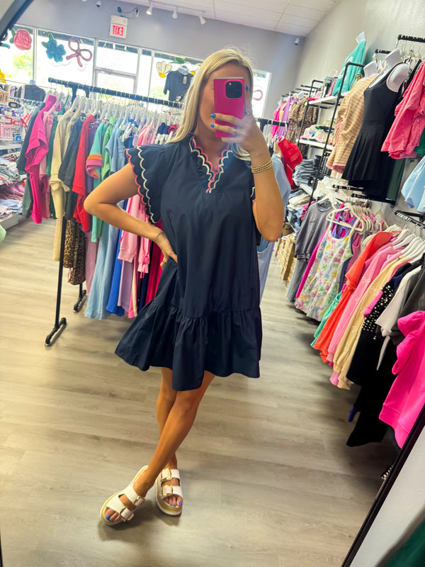 Navy Coral Scallop Trim Dress