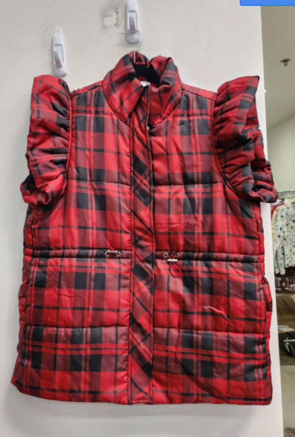 Red & Black Plaid Ruffle Vest