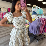 Cream and Black Ribbon Printed Double Bubble Hem Mini Dress
