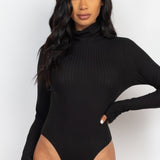 Solid Ribbed Turtle Neck Long Sleeve Bodysuit
