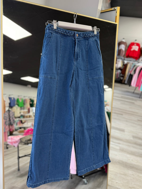Braided Waist Detail Denim Pants - Denim