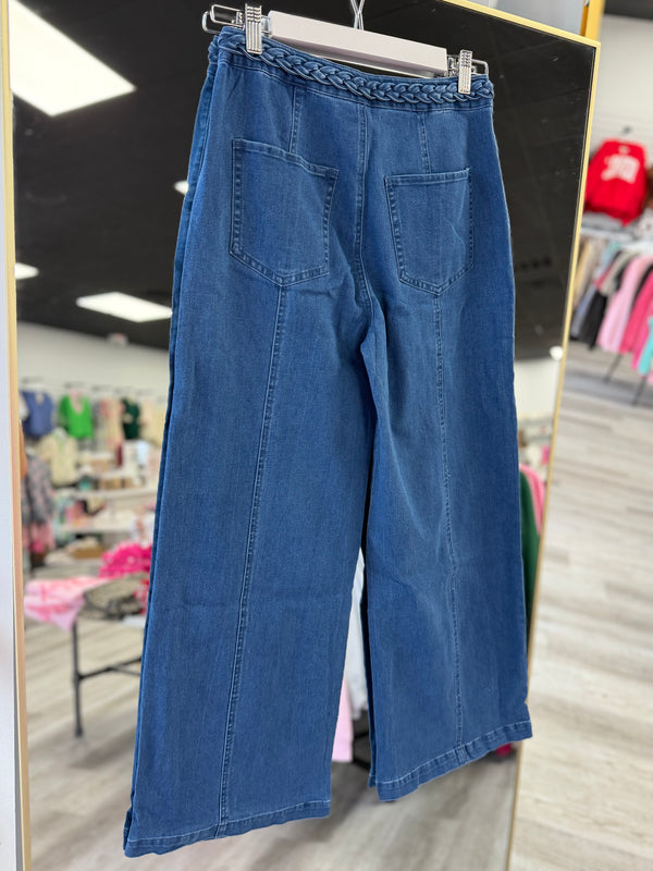 Braided Waist Detail Denim Pants - Denim