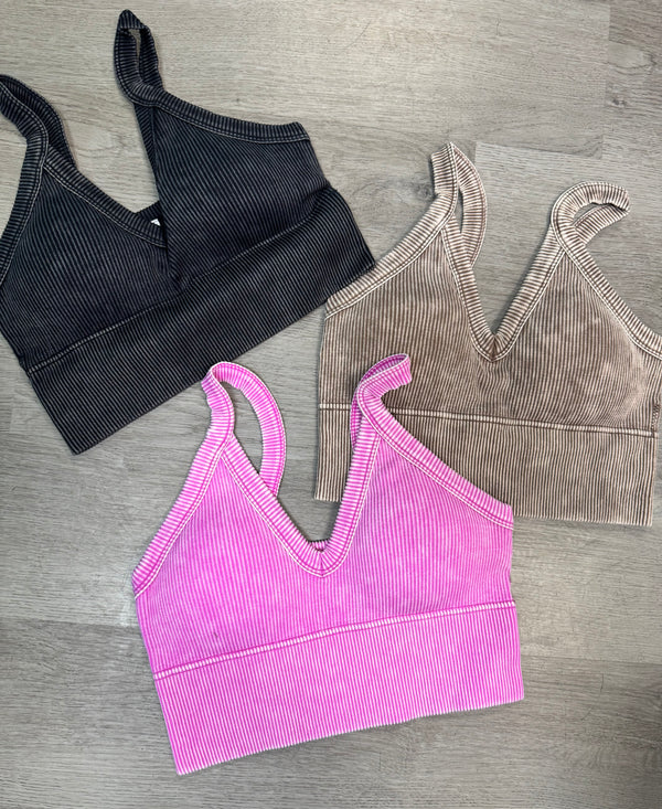 Stone Washed V Neck Seamless Cropped Bra Top