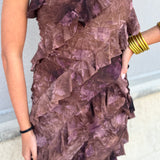 Brown Strapless Mini Ruffle Dress