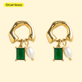 Hoop Sculpted Emarald Stone Drop Earrings