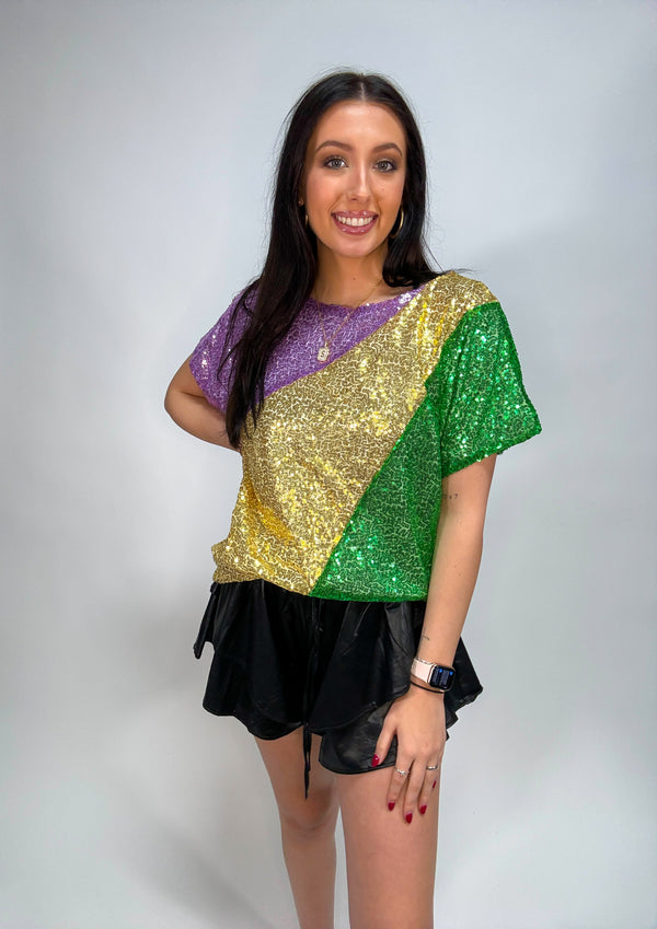 Ready to Roll Mardi Gras Sequin Top