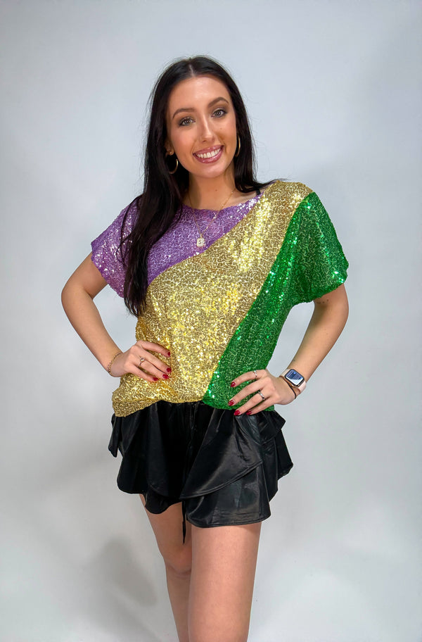 Ready to Roll Mardi Gras Sequin Top