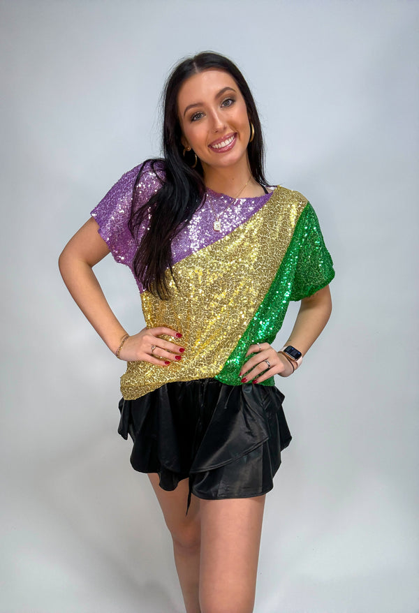 Ready to Roll Mardi Gras Sequin Top