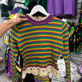 Mardi Gras Crochet Sweater with Lace Trim