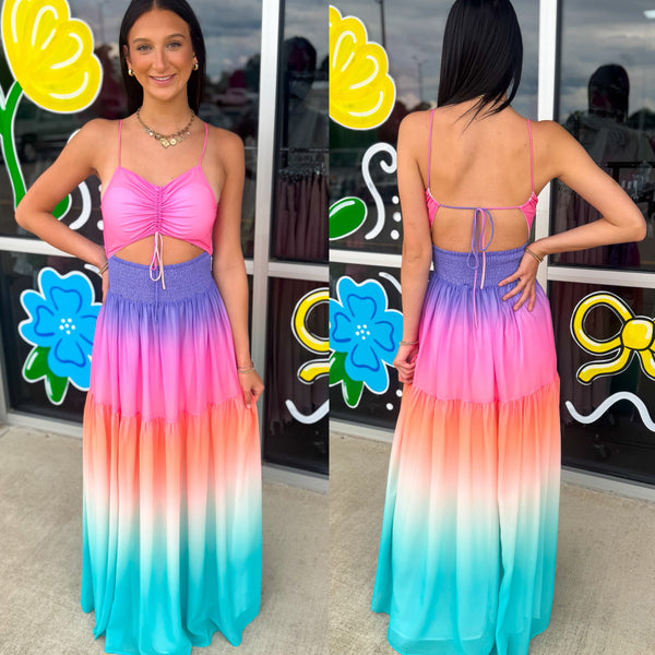 Rainbow Ombre Tie Smocked Maxi Dress