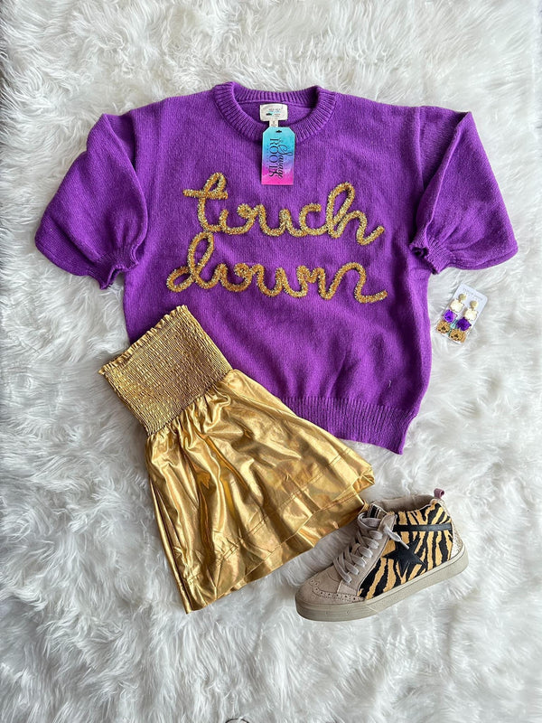 Touch Down Bubble Sleeve Short Sweater Top - Purple Gold
