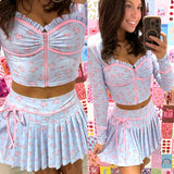 Floral Zip-up Crop Top & Pleated Skirt Set