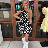 One Shoulder Polka Dot Mini Dress With Ruffle