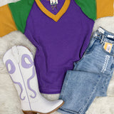 Mardi Gras Raised Rib Contrast Trim Top Purple V-Neck