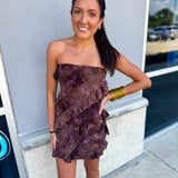 Brown Strapless Mini Ruffle Dress