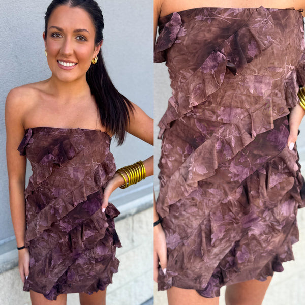 Brown Strapless Mini Ruffle Dress