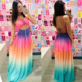 Rainbow Ombre Tie Smocked Maxi Dress