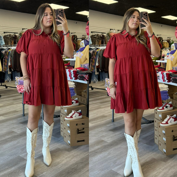 Thought About It Puff Sleeve Ruffle Dress - Rust