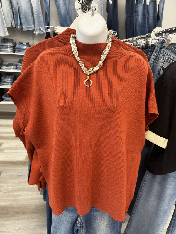 Ribbed Knit Short Dolman Sleeves Top Rust