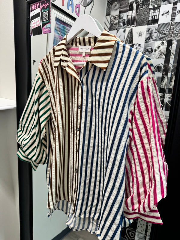 She's Unique Striped Color Block Button Up