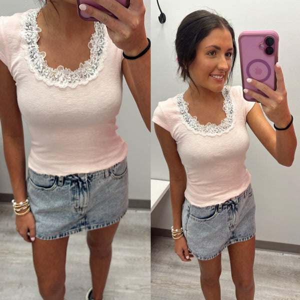 Lace Trim Cap Sleeve Tee