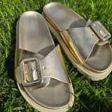 Single Strap Gold Slide Sandals | MIA