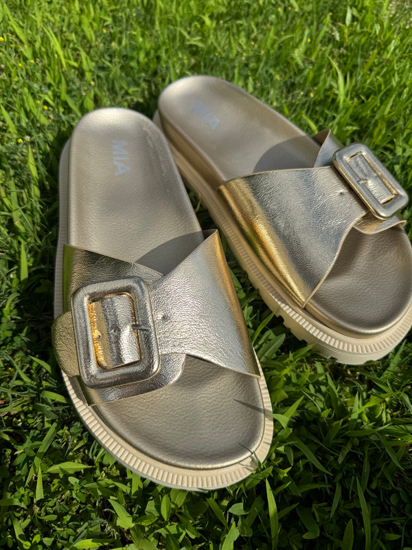 Single Strap Gold Slide Sandals | MIA