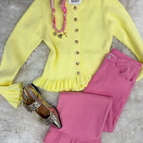 Ruffle Hem Ribbed Knit Sweater Cardigan Butter Yellow