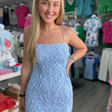 Blue Textured Woven Sleeveless Back Open Mini Dress
