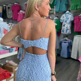 Blue Textured Woven Sleeveless Back Open Mini Dress