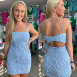 Blue Textured Woven Sleeveless Back Open Mini Dress