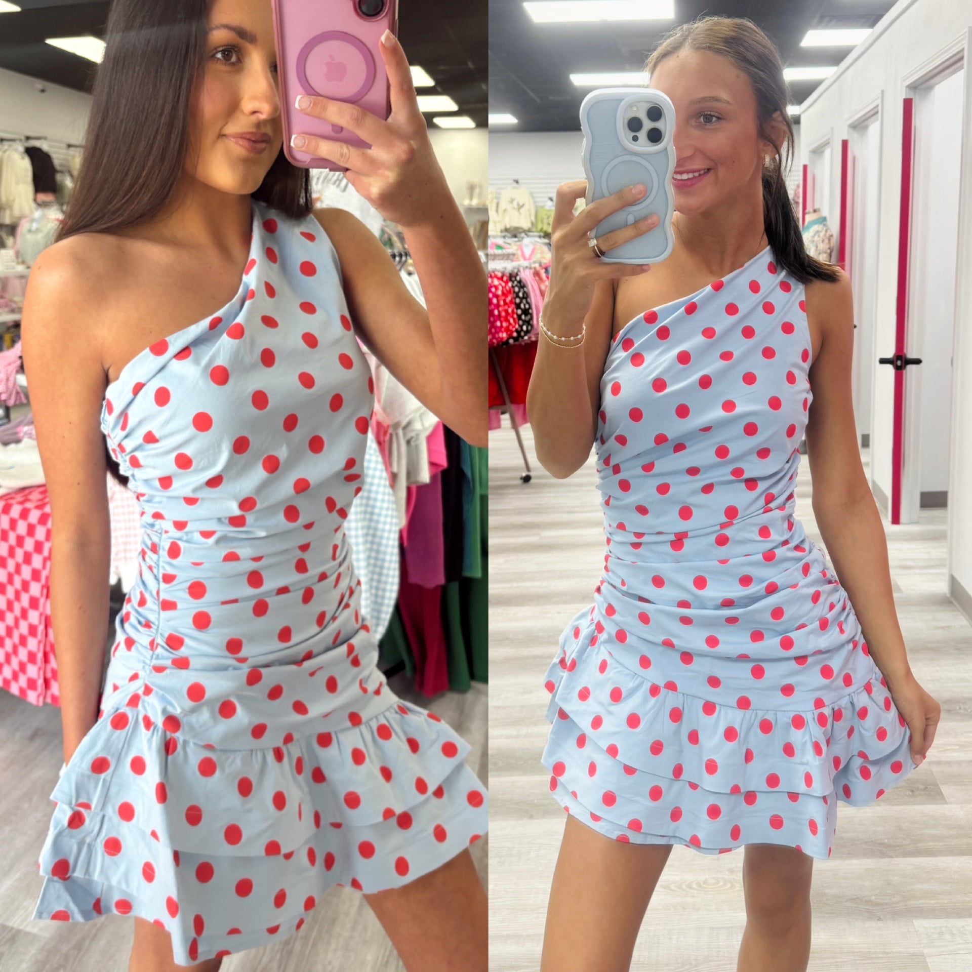 Red and Blue Polka Dot  One Shoulder Dress