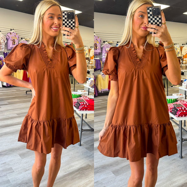 Drawn To You V-Neck Dress - Warm Brown