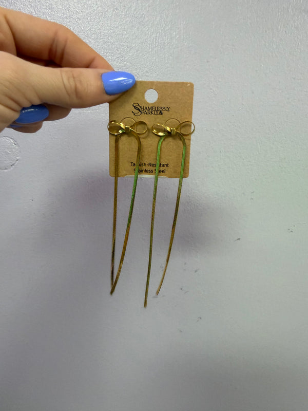 Skinny Non-Tarnish Stainless Steel Long Bow Earrings