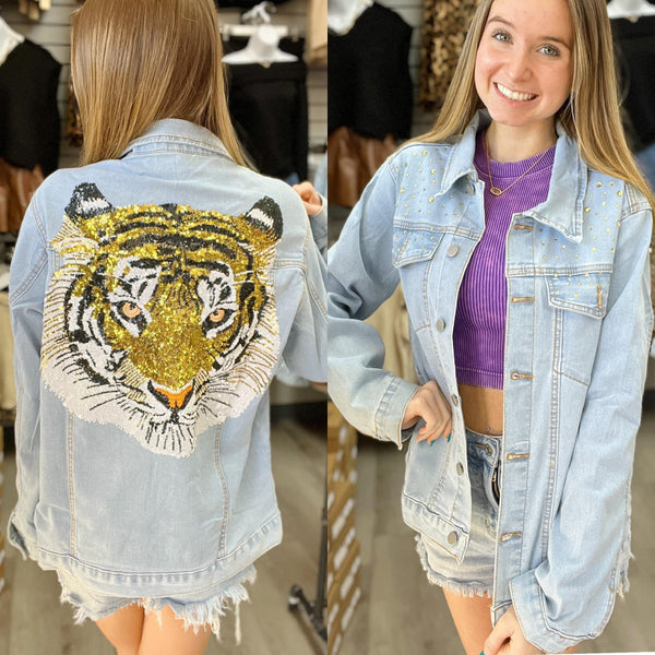 Golden Roar - Women's Sequin Embroidery Tiger Denim Jacket