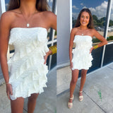 Cream Strapless Ruffle Tube Mini Dress
