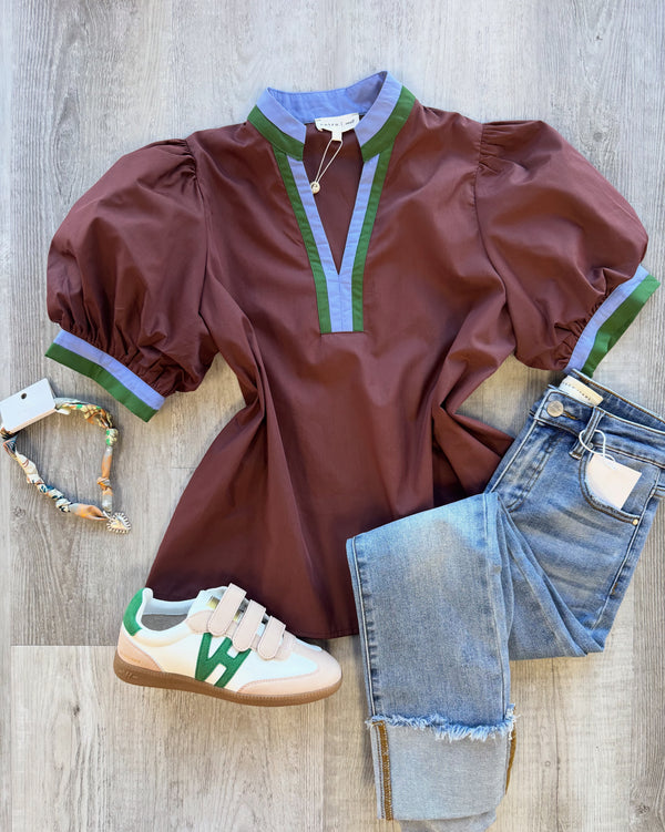 Chic Contrast Collar Top | Brown Green Blue