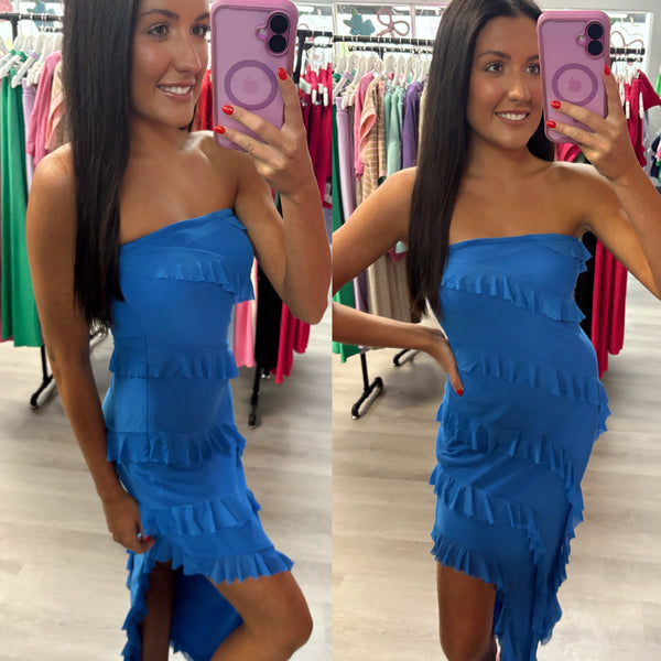 Tidal Temptation Blue Ruffle Midi Dress