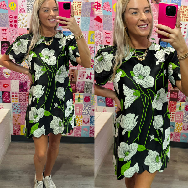 Black Floral Jacquard Scallop Hem Dress